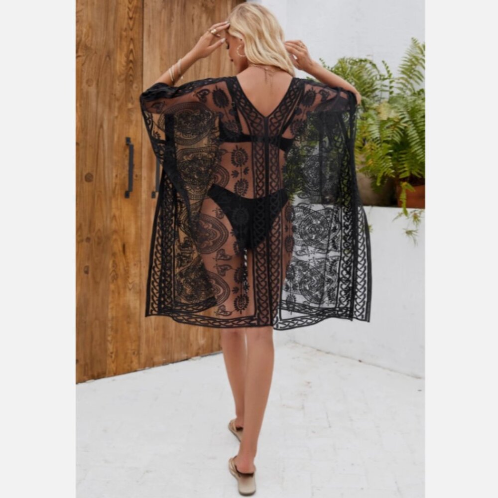 Colornival Swimwear Beach Pool Cover Up Poncho Black V Neck Lace Floral Paisley - Picture 4 of 13